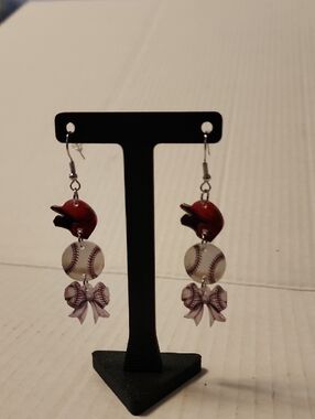 Source Unknown Red Baseball Helmet and Ball Dangle Earrings